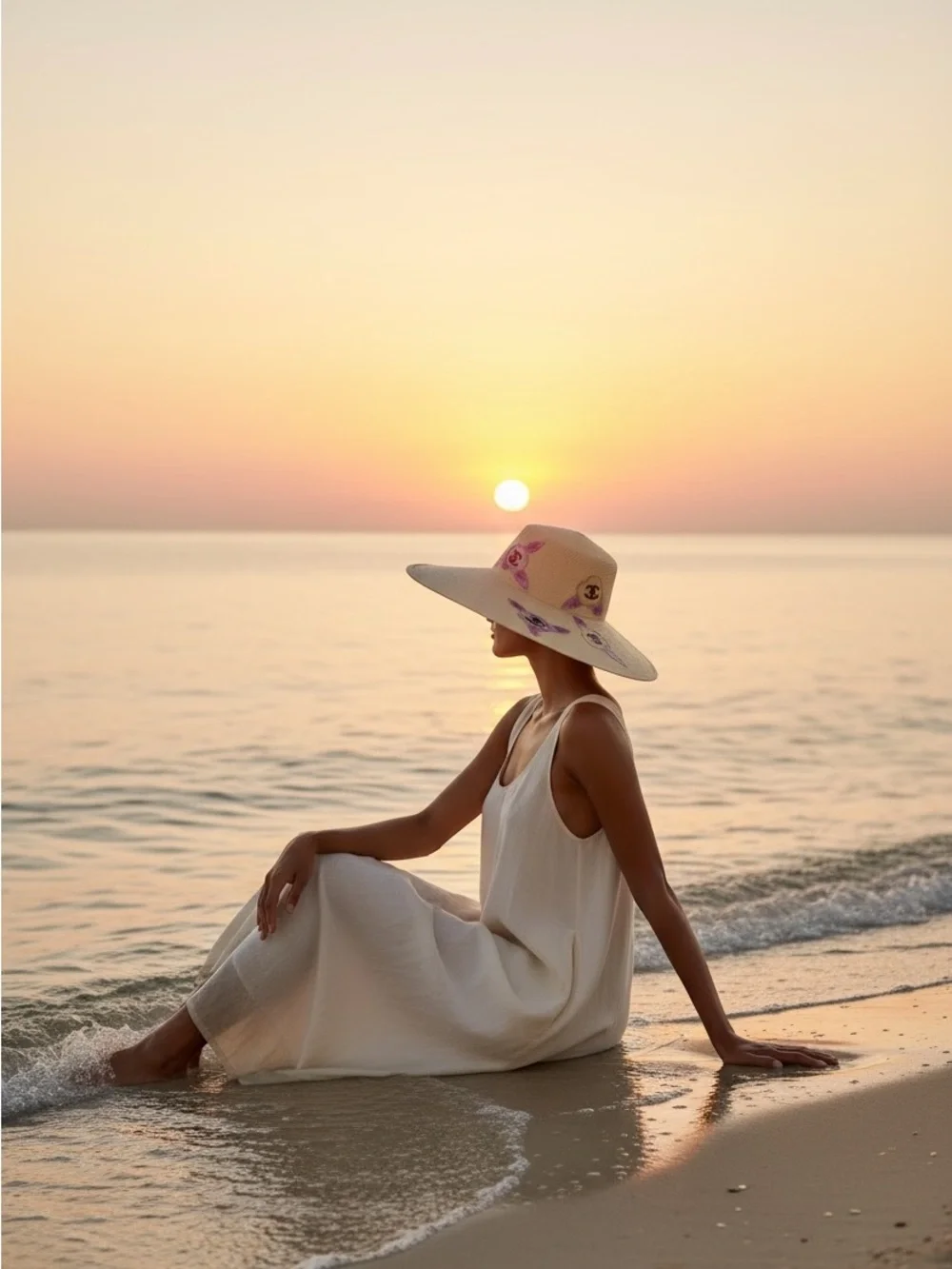 CHANEL Tan Straw Wide Brim Hat with Lime Ribbon